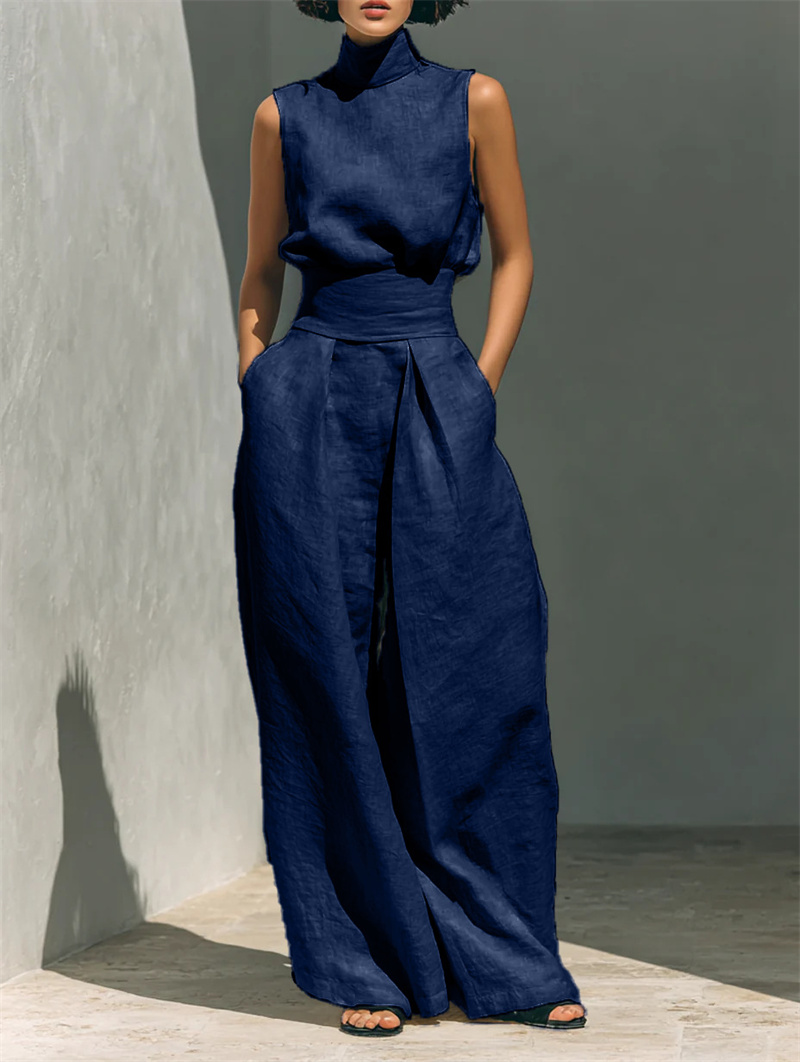 Ensemble décontracté d'été pour femme, en coton et lin, haut sans manches et pantalon large, 2 pièces, pour le bureau, collection 2026