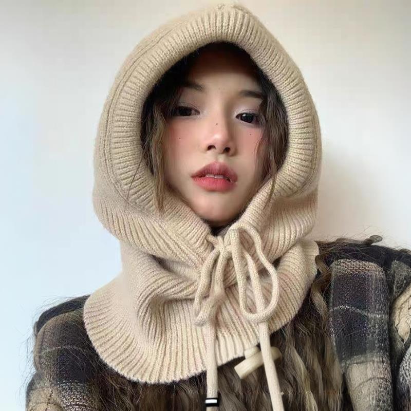Écharpe à capuche tricotée chapeau cagoule en tricot coréen extérieur écharpe à capuche chaude avec cordon réglable Protection des oreilles bonnets casquette