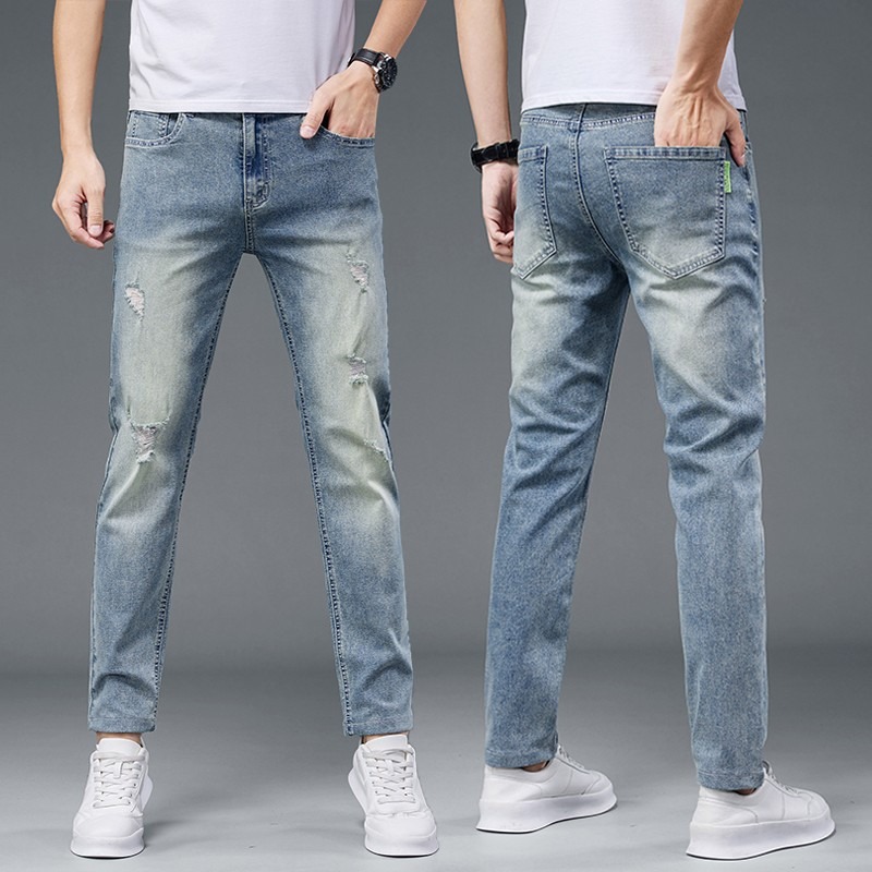Jeans Homme Printemps-Été Déchirés Extensibles Coupe Slim Droite Affinée Décontractés Effet Vieilli Délavé Bleu Légers Doux Durables