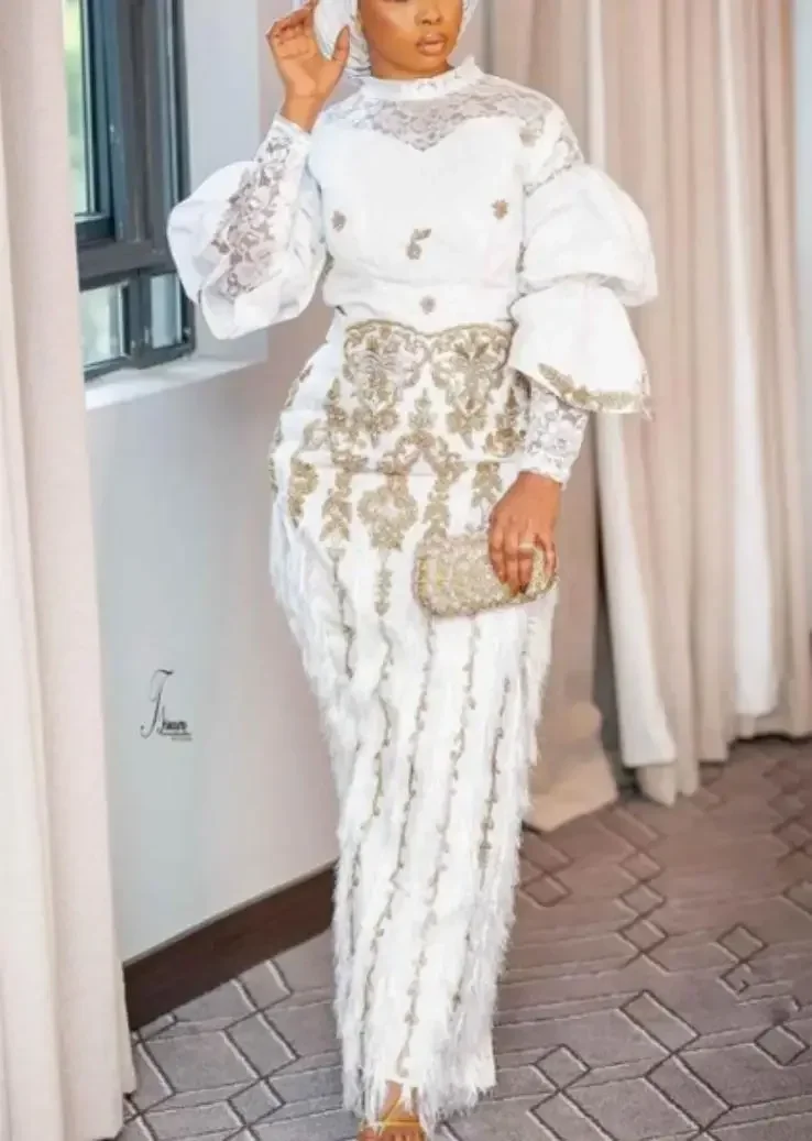 Vêtements de fête de mariage africains élégants pour femmes, manches longues, col rond, haut 2 pièces, pantalons longs, ensembles assortis, tenues d'automne