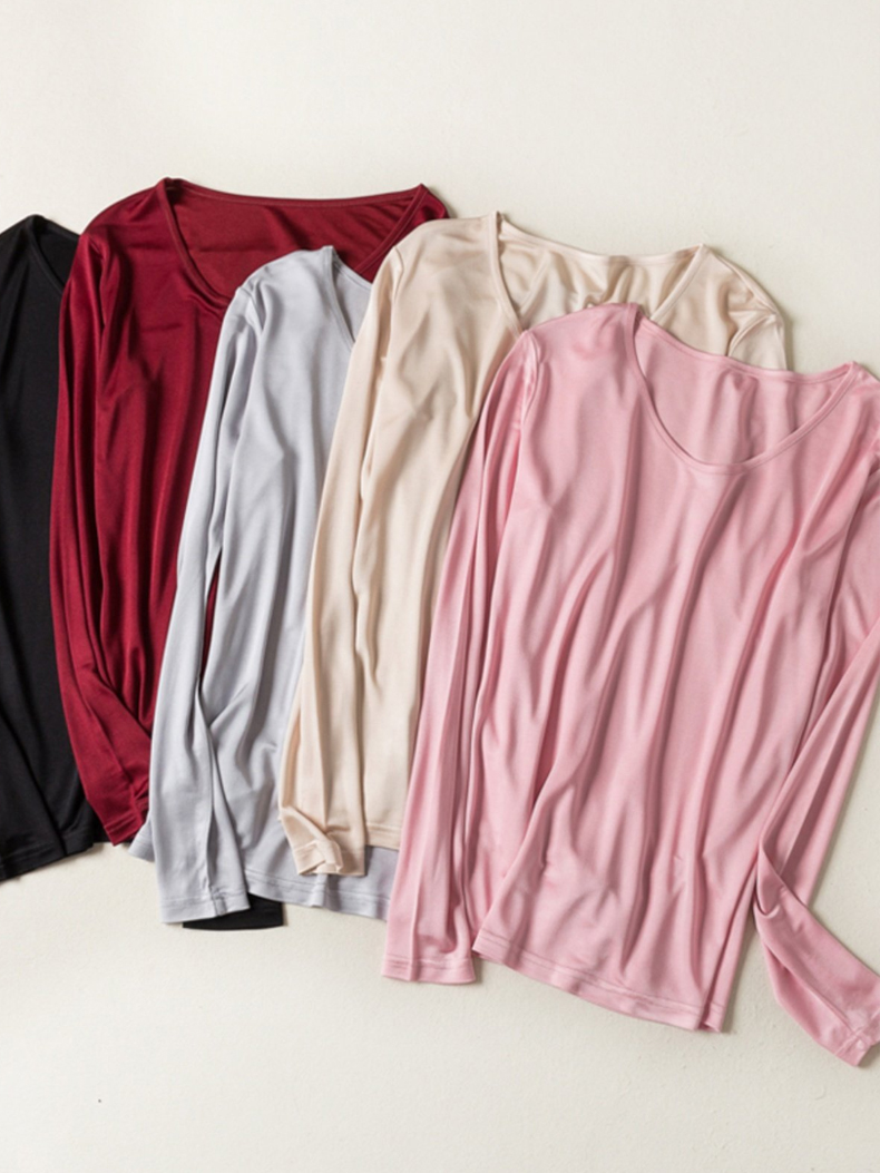 SuyaDream T-shirt basique pour femme en soie véritable, uni, manches longues, col rond, sain, TOP Automne Hiver 2025, couleur vin