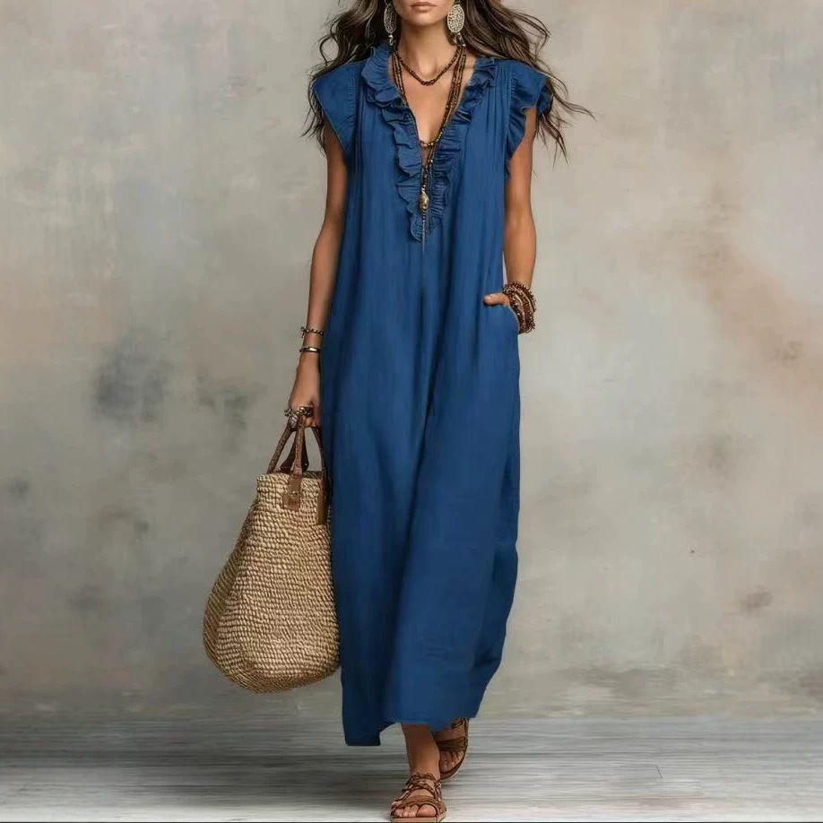 Robe longue décontractée d'été 2026 pour femme, style bohème, en coton et lin, couleur unie, col en V à volants, sans manches, coupe ample, avec poches, pour la plage