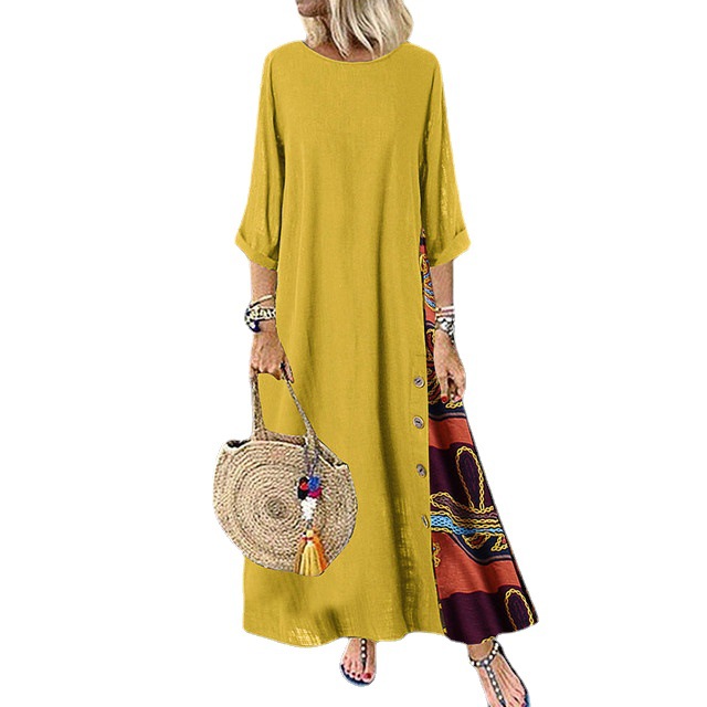 Robe longue Vintage en coton et lin pour femmes, manches trois quarts, imprimé épissé, ample, ligne a, mode décontractée, Maxi