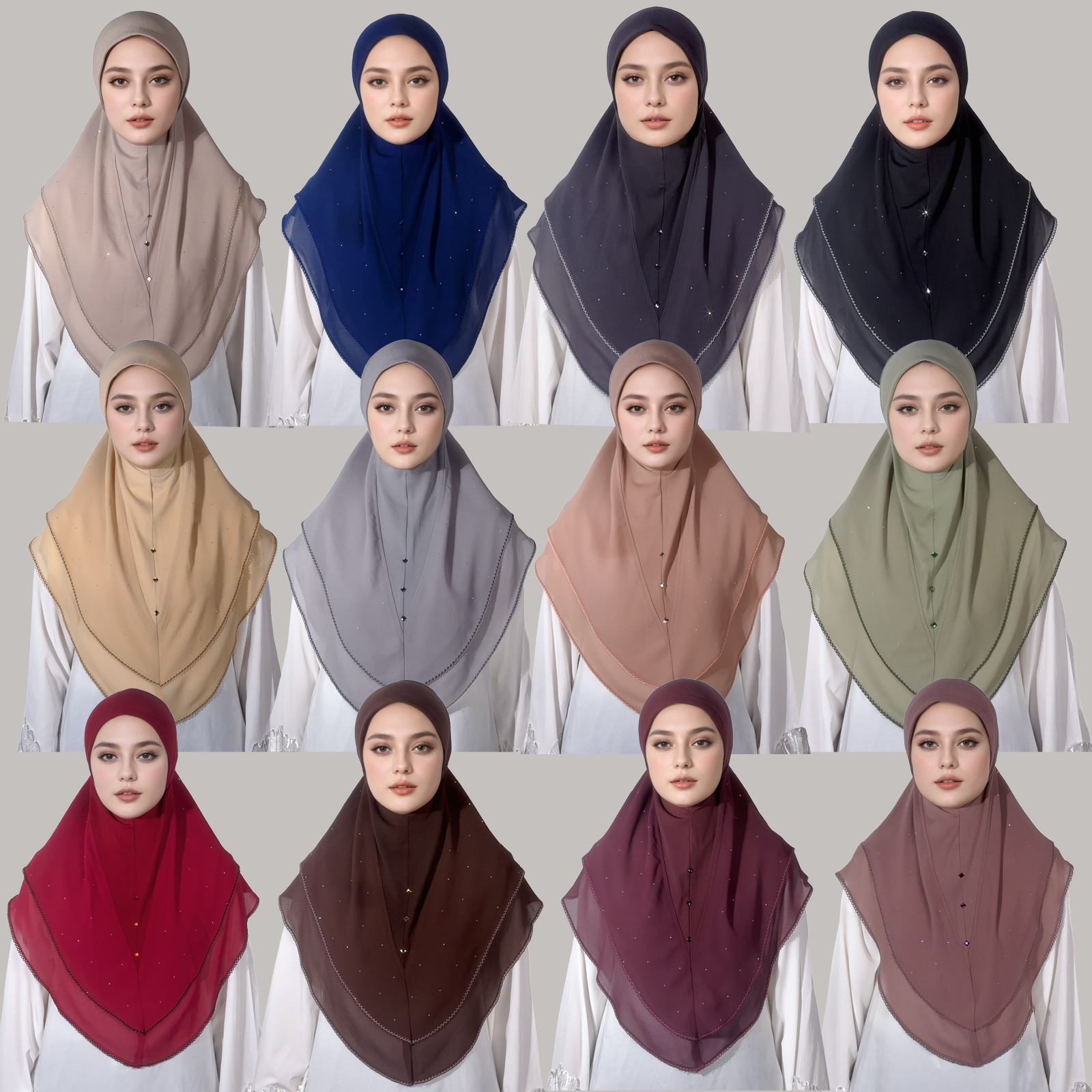 1 Hijab instantané pour femme musulmane, design à double couche en mousseline de soie avec motif étoilé orné de diamants, élégant, décontracté, tendance et magnifique, pratique à porter, adapté pour les occasions telles que le Ramadan et les cadeaux de l'Aïd.