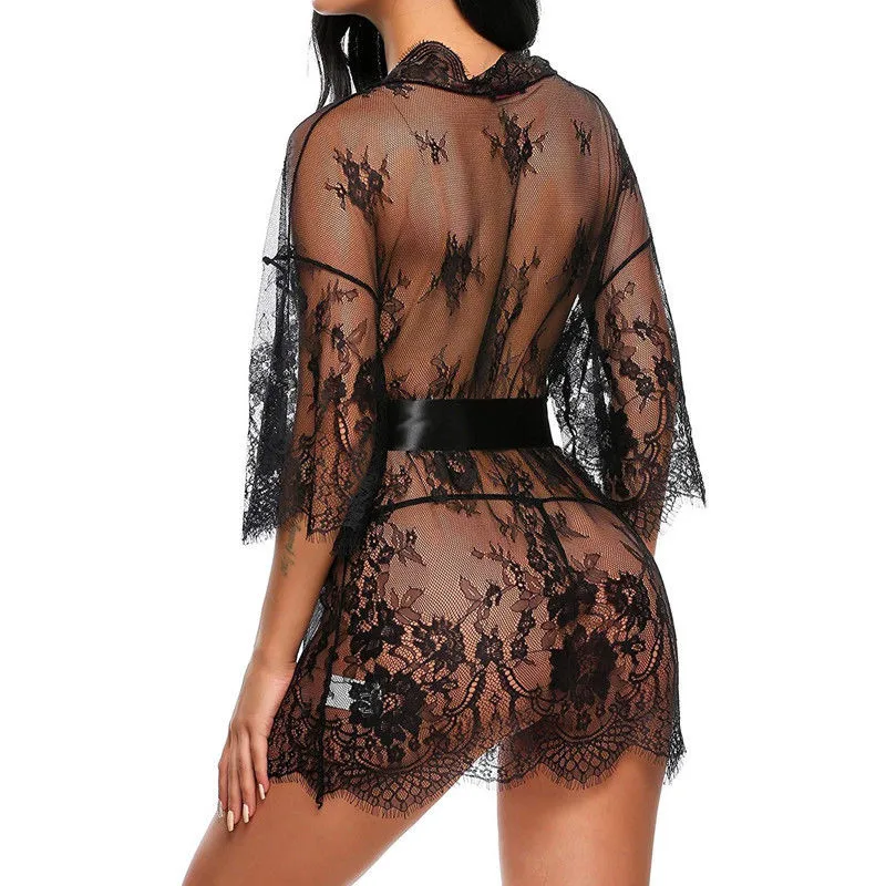 Lingerie sexy pour femmes, babydoll érotique transparent, robe de nuit à col en V, robe de nuit en dentelle, costume avec string