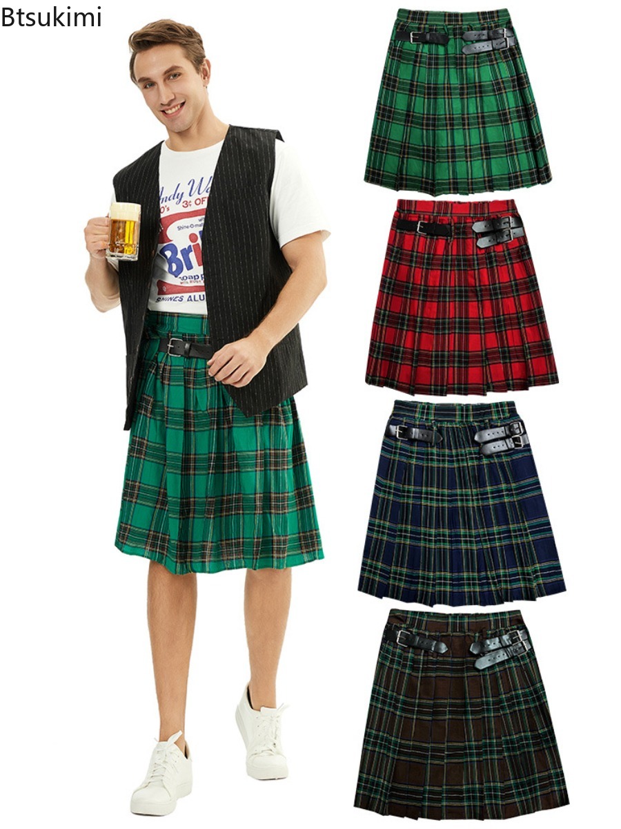 Kilt traditionnel écossais pour homme avec ceinture bilatérale, tartan des Highlands, plissé, pantalon-jupe gothique punk hip-hop avant-garde pour homme