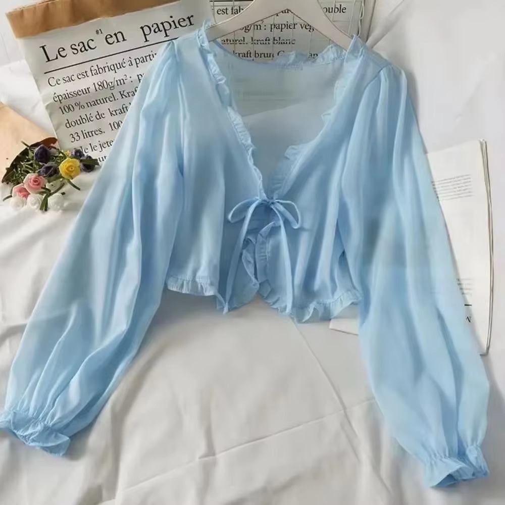 Châle d'été à volants en mousseline de soie pour femmes, couleur unie, manches longues, manteau fin Y2K, Cape boléro, vêtements d'été, haussement d'épaules pour les vacances