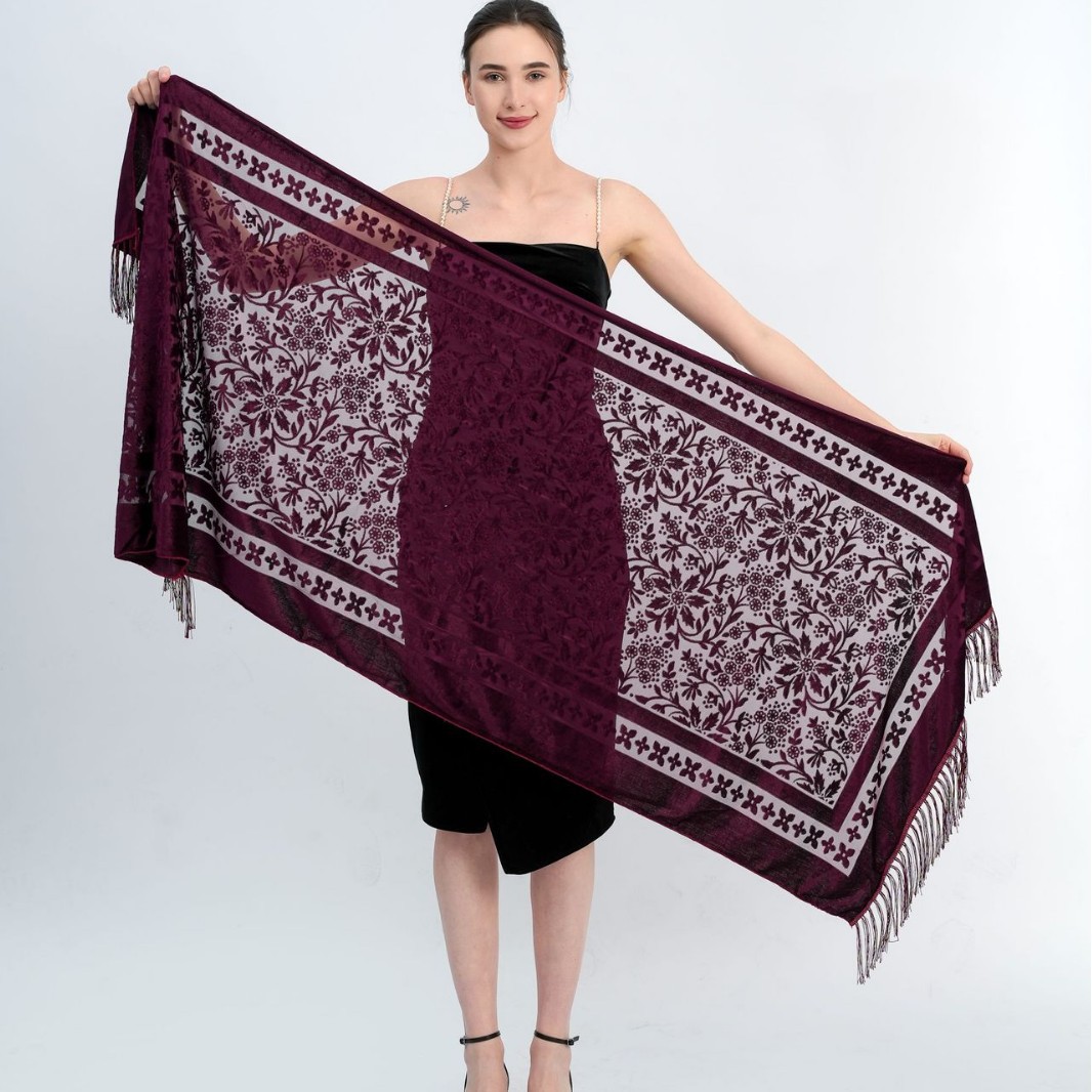 Velours Floral évider écharpe rétro ethnique gland écharpe velours Pashmina étole Babushka musulman Hijab plage Cheongsam châle
