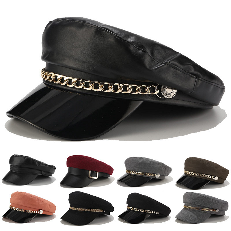 Béret tendance en cuir Pu pour femmes, casquette militaire décontractée, casquette plate de camionneur de capitaine, chapeaux octogonaux de peintre de cadets de voyage