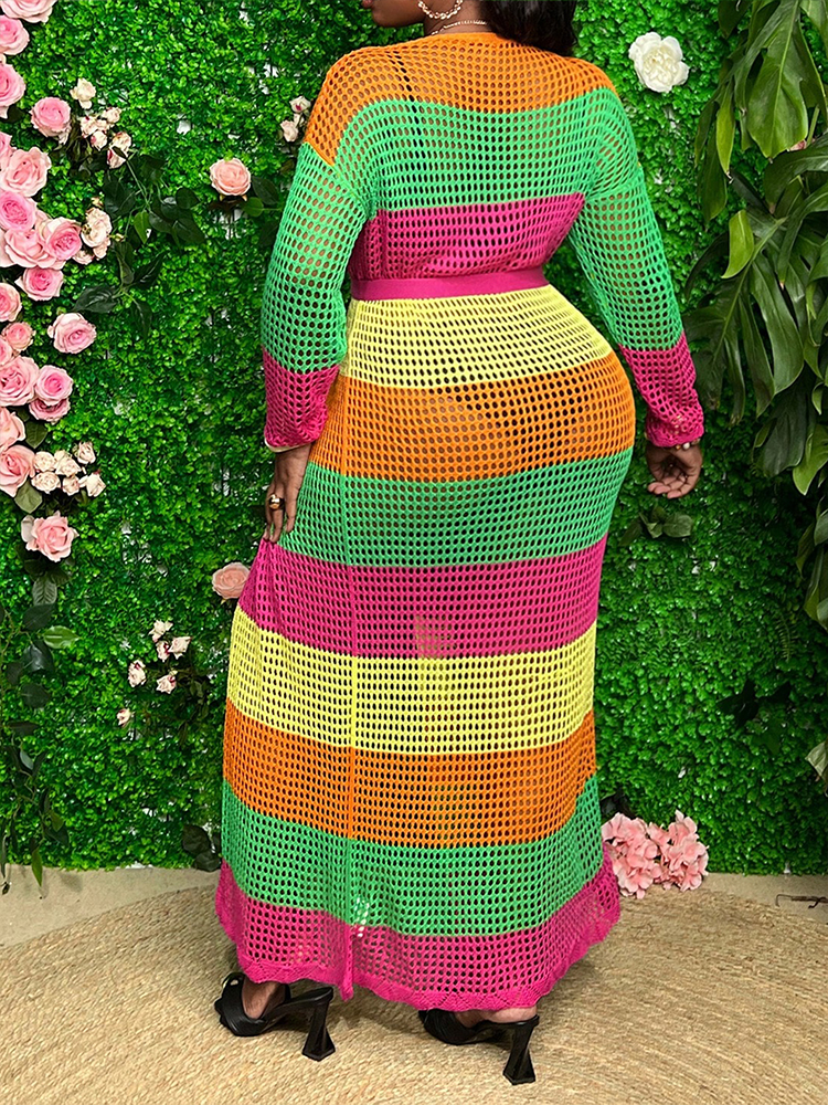 Robe cardigan en crochet color-block grande taille pour femme : mode estivale, tenue de plage, tenue de vacances sexy pour le bord de mer