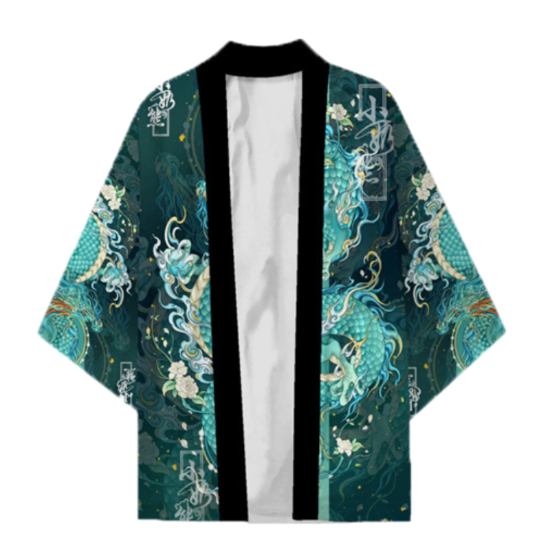 Kimono traditionnel japonais pour hommes et femmes, motif de dragon d'anime, vert, ample, chemise à manches trois-quarts