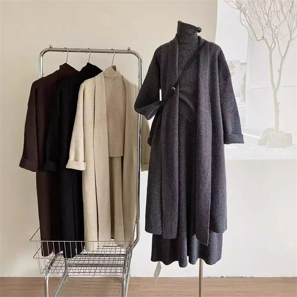 Ensemble pantalon femme trois pièces : Gilets en maille à col roulé, hauts, manteaux mi-longs à manches longues, jupes longues taille élastique, style streetwear Y2K