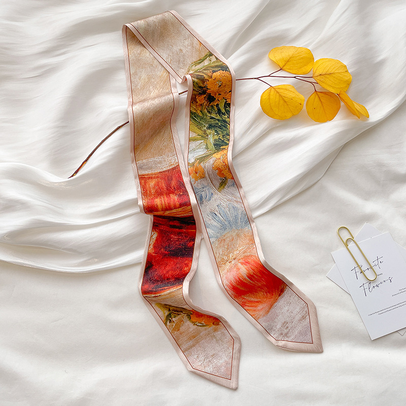 Élégant soie printemps et été polyvalent mode bandeau banderoles sac sangles peinture à l'huile Style petit ruban longue écharpe ceinture