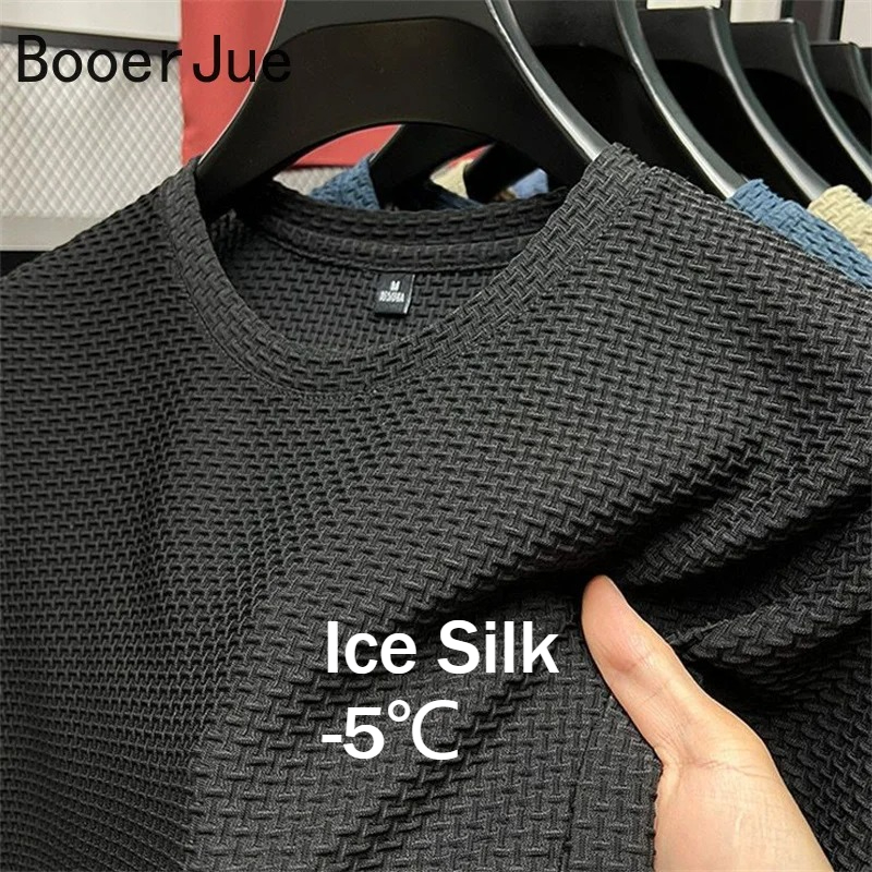 T-shirt Homme Haut de Gamme en Soie Glacée et Maille, Manches Courtes, Col Rond, Été, Demi-Manches, Couleur Unie, Sportif, Léger
