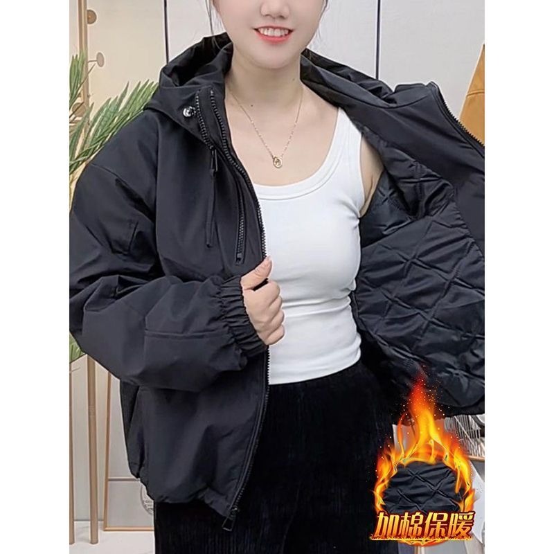 Veste courte rembourrée en coton pour femmes, manteaux épais à capuche avec fermeture éclair et cordon de serrage, veste thermique en peluche, coupe-vent d'extérieur pour Camping