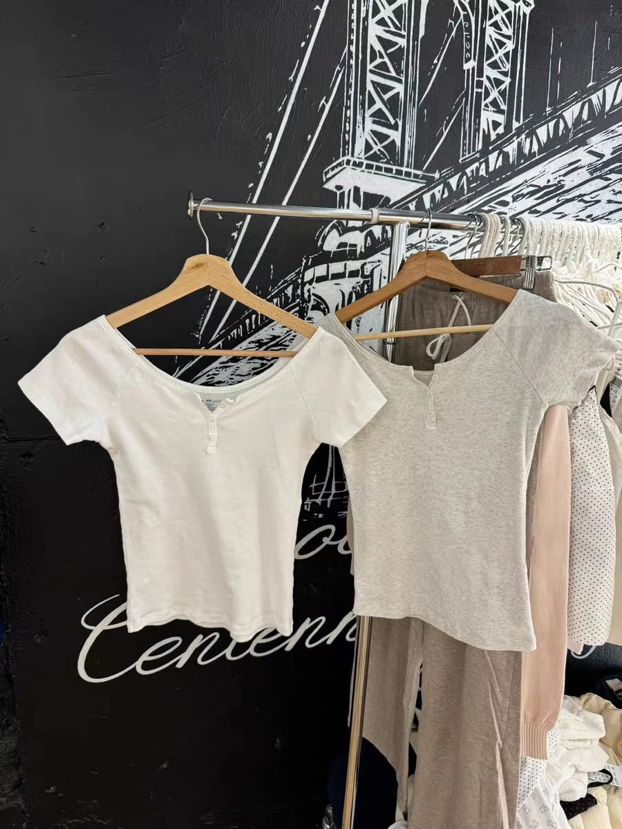 T-shirt Femme en Coton Simple et Basique à Col Rond, Manches Courtes Raglan, Coupe Slim, Style Décontracté et Polyvalent, Crop Top Y2K