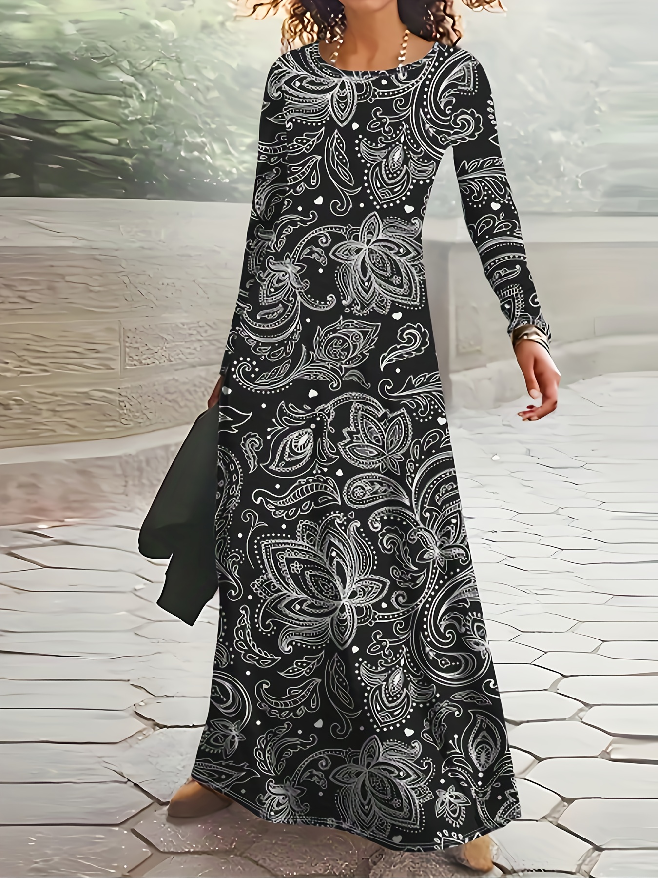 Robe décontractée à manches longues pour femme, imprimé tropical, taille cintrée, coupe trapèze, longueur midi, tenue de vacances, mode estivale, noir et