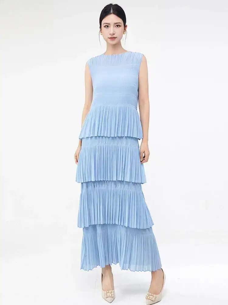 LANMREM-Robe gâteau plissée pour femmes, col rond, fibre, mode élégante, robes longues polyvalentes, été, nouveau, 2DEdisparies, 2025