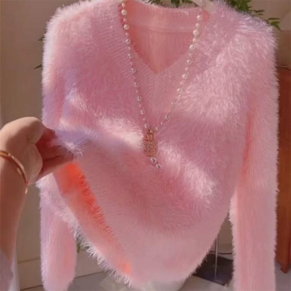 Pull en cachemire de vison à manches longues pour femmes, pull décontracté élégant, tricots roses, laine, dame de bureau, automne, hiver, nouveau