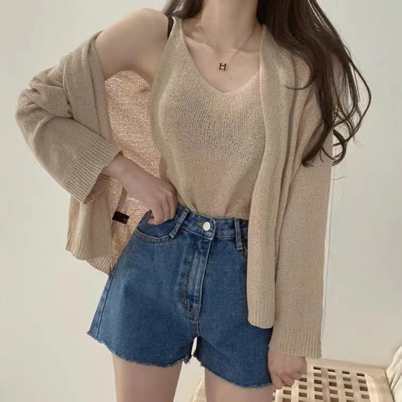 Débardeur à col en V pour femmes, chemise de protection solaire, ensembles de sucirculation, cardigan décontracté, manteau féminin, mode coréenne, 2 pièces