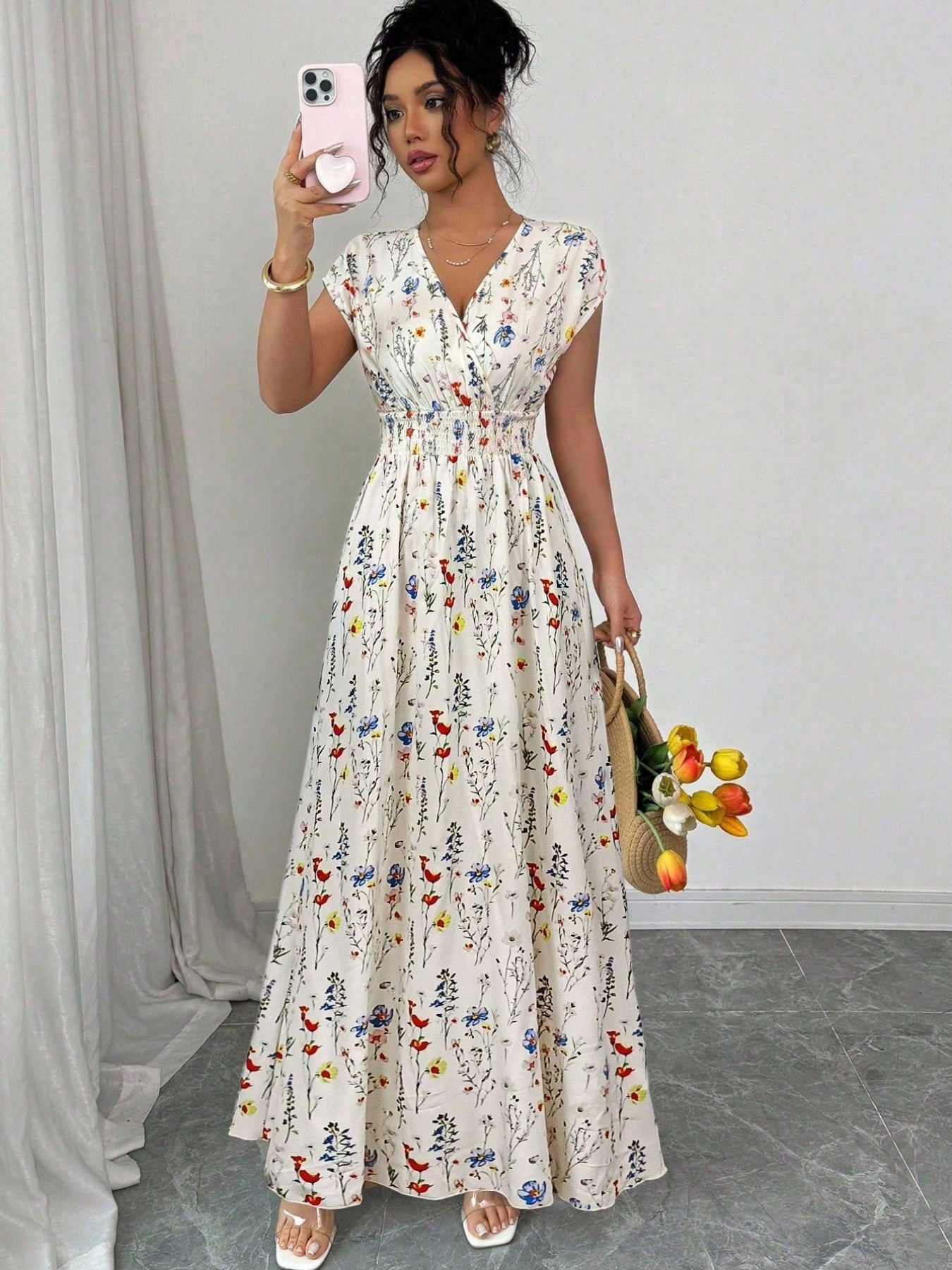 Nouvelle collection transfrontalière de vêtements pour femmes : Combinaison longue élégante à fleurs, col en V et taille cintrée, style français