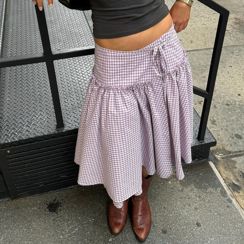 Cottage Plaid taille basse jupe Midi Vintage cravate à volants ourlet une ligne jupe femmes vichy jupe ample à plusieurs niveaux Y2k Streetwear