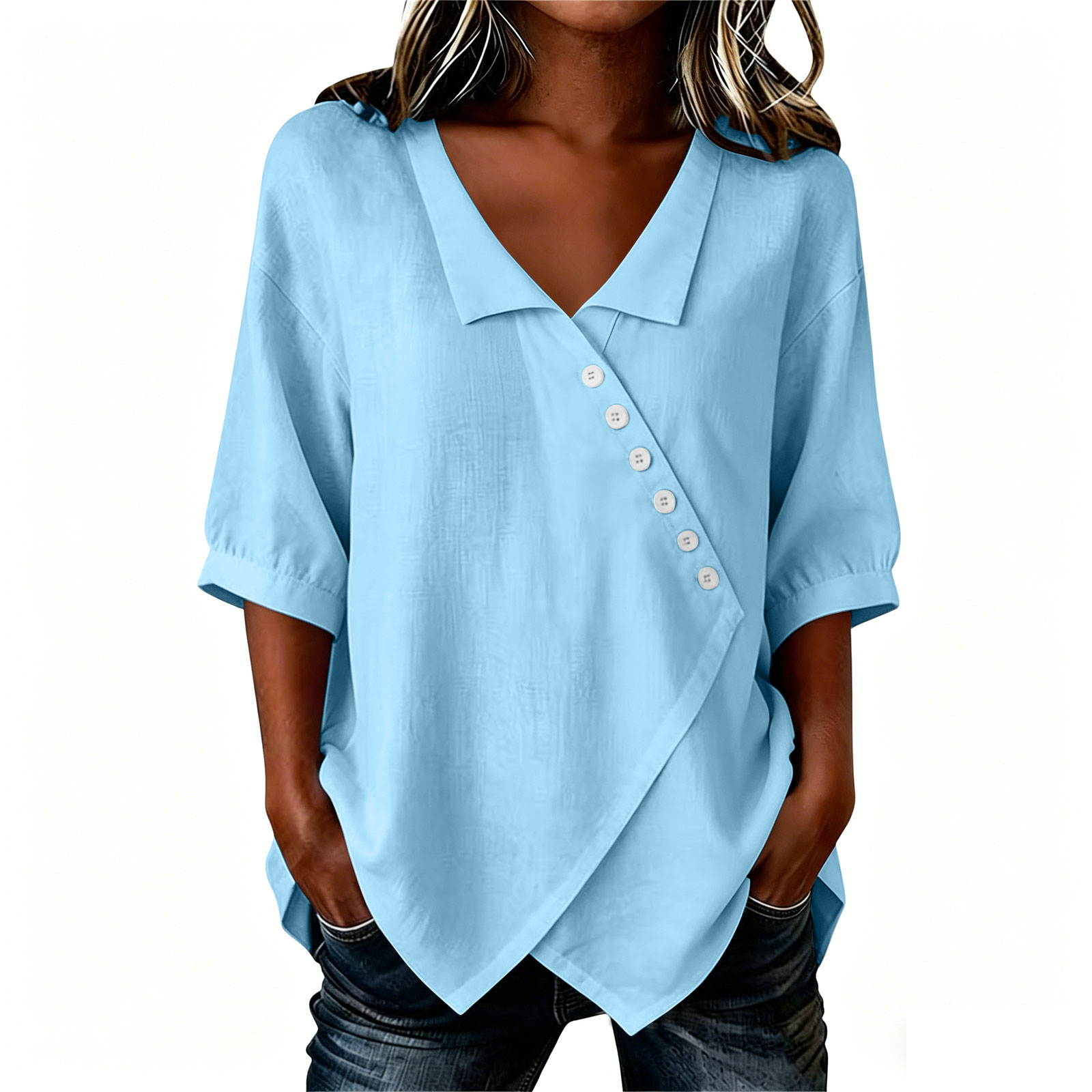 Blouses Femme Tendance 2026 – Blusas Mujer Élégantes en Coton et Lin pour l'Été – Tunique Décontractée à Col V et Manches Mi-Longues pour Dames
