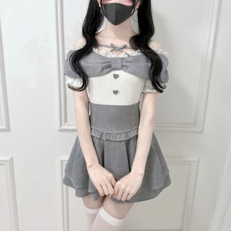 Ensemble Lolita Y2K gothique japonais style japonais avec haut en dentelle à nœud épaules dénudées et jupe écossaise taille haute Jirai Kei Ryousangata