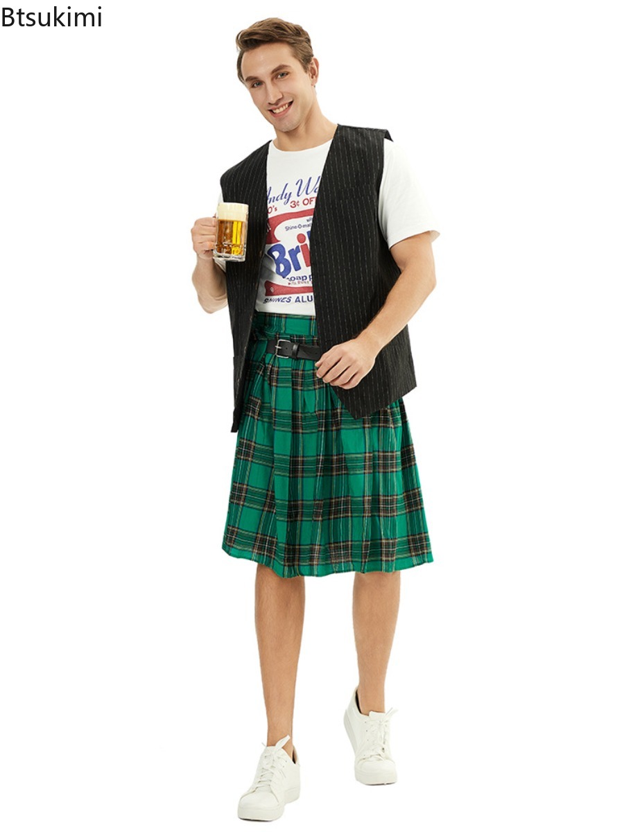 Kilt traditionnel écossais pour homme avec ceinture bilatérale, tartan des Highlands, plissé, pantalon-jupe gothique punk hip-hop avant-garde pour homme