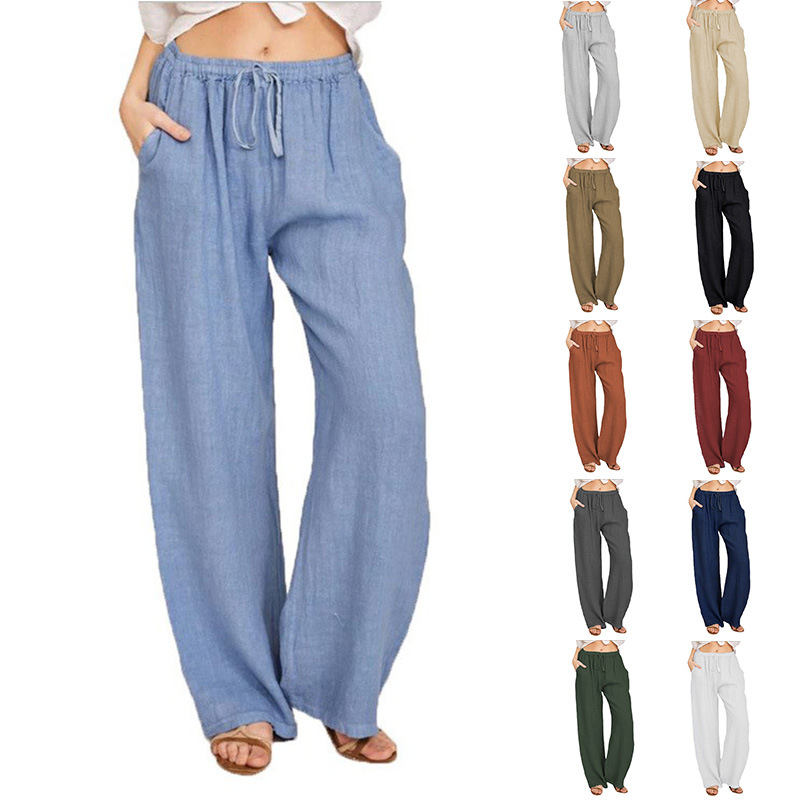 Pantalon en coton et lin pour femme, mode, uni, coupe large, taille élastique