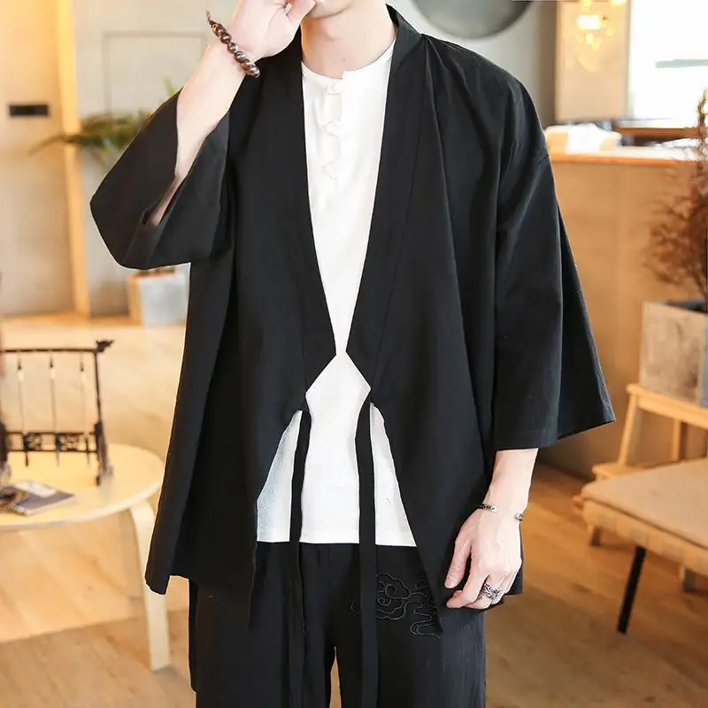 Kimono japonais solide pour hommes, Streetwear japonais, chemise, chemisier, vêtements coréens, Cardigan 5XL, été