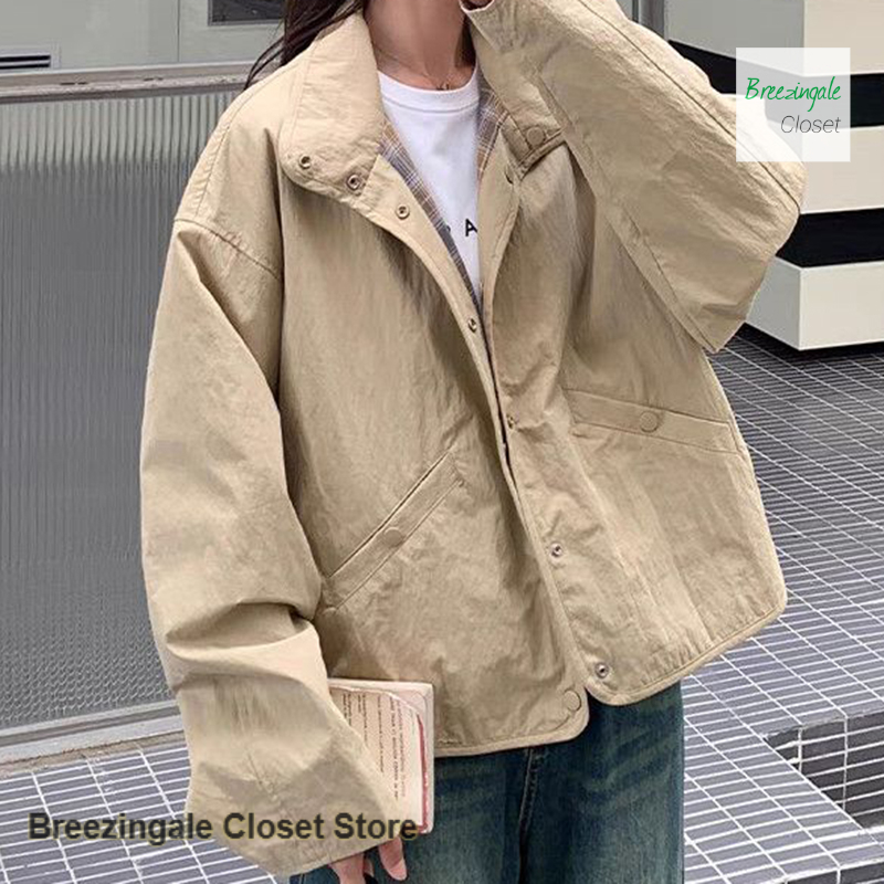 Manteau court coréen à deux faces pour femme, nouvelle collection printemps-automne, style décontracté, coupe ample, motif écossais, veste polyvalente.