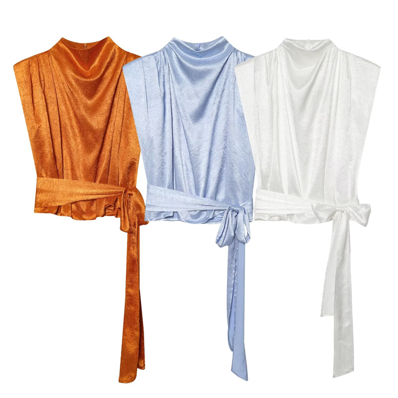 Haut court sans manches en satin à col châle, chemise élégante pour femme avec taille nouée sur le côté, débardeur luxueux et lisse effet soie