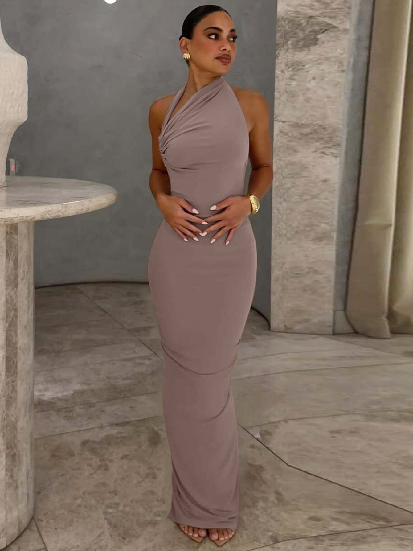 Robe longue moulante unie et élégante pour femme Dulzura, dos nu, froncée, style licou, sexy, pour soirée, bal, rendez-vous, tenue d'été