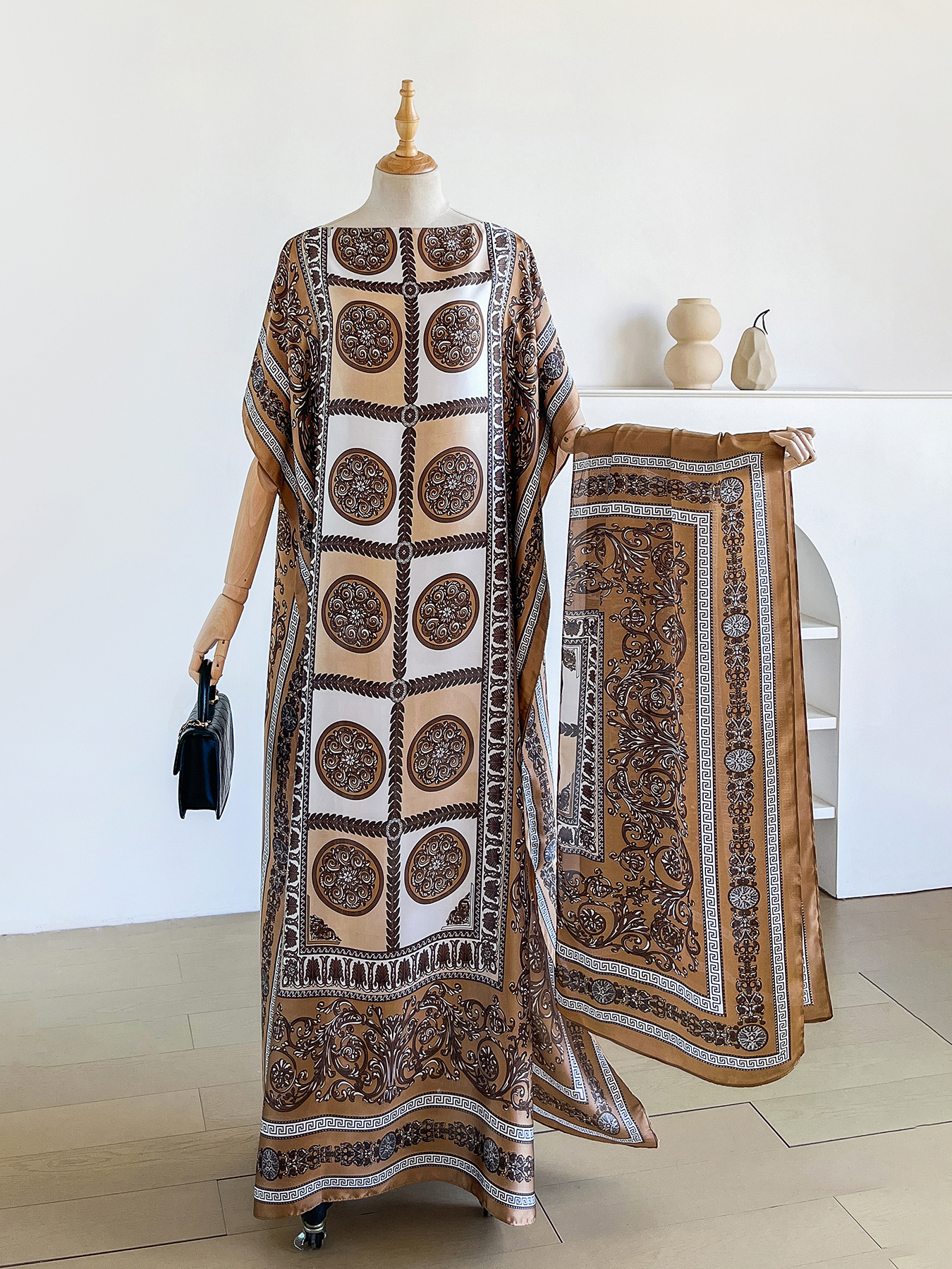 Abaya vintage baroque à imprimé satiné avec foulard, kaftan maxi ample pour femmes musulmanes africaines, tenue d'été pour la plage et les vacances