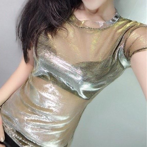 Chemise de Base en soie nacrée dégradée, col rond, manches courtes, pull en dentelle, nouvelle collection printemps et été 2025