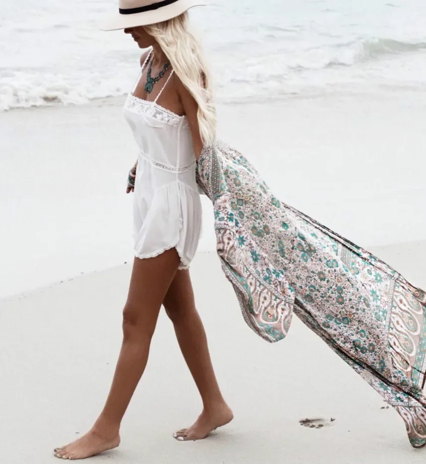 AYUALIN-Kimono à manches longues en mousseline de soie pour femme, cardigan vintage, imprimé floral, blouse de plage, style bohème