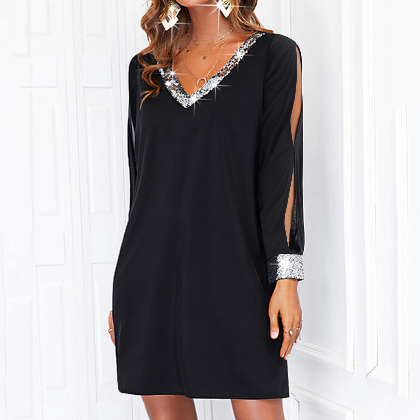 Robes pour femmes 2025 élégant brillant maille couture à manches longues Robe couleur unie col en V Mini Robe robes de soirée Robe