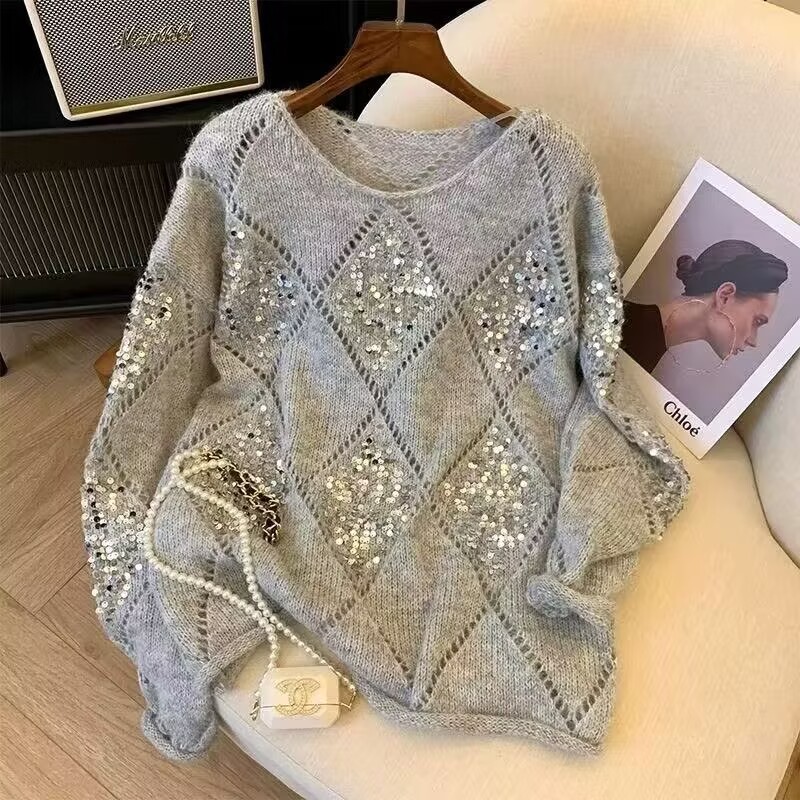 Pull en tricot à paillettes pour femmes, automne