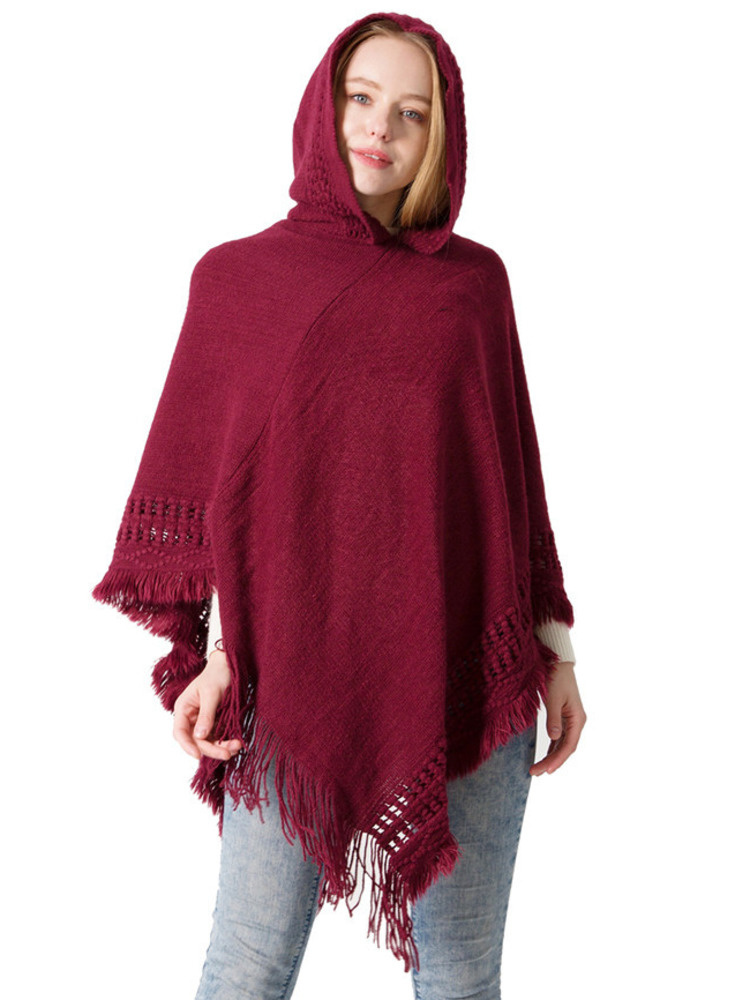 Poncho pull à capuche avec pompon pour femme, châle à manches chauve-souris, cape femme Everak, décontracté, document solide, automne, hiver