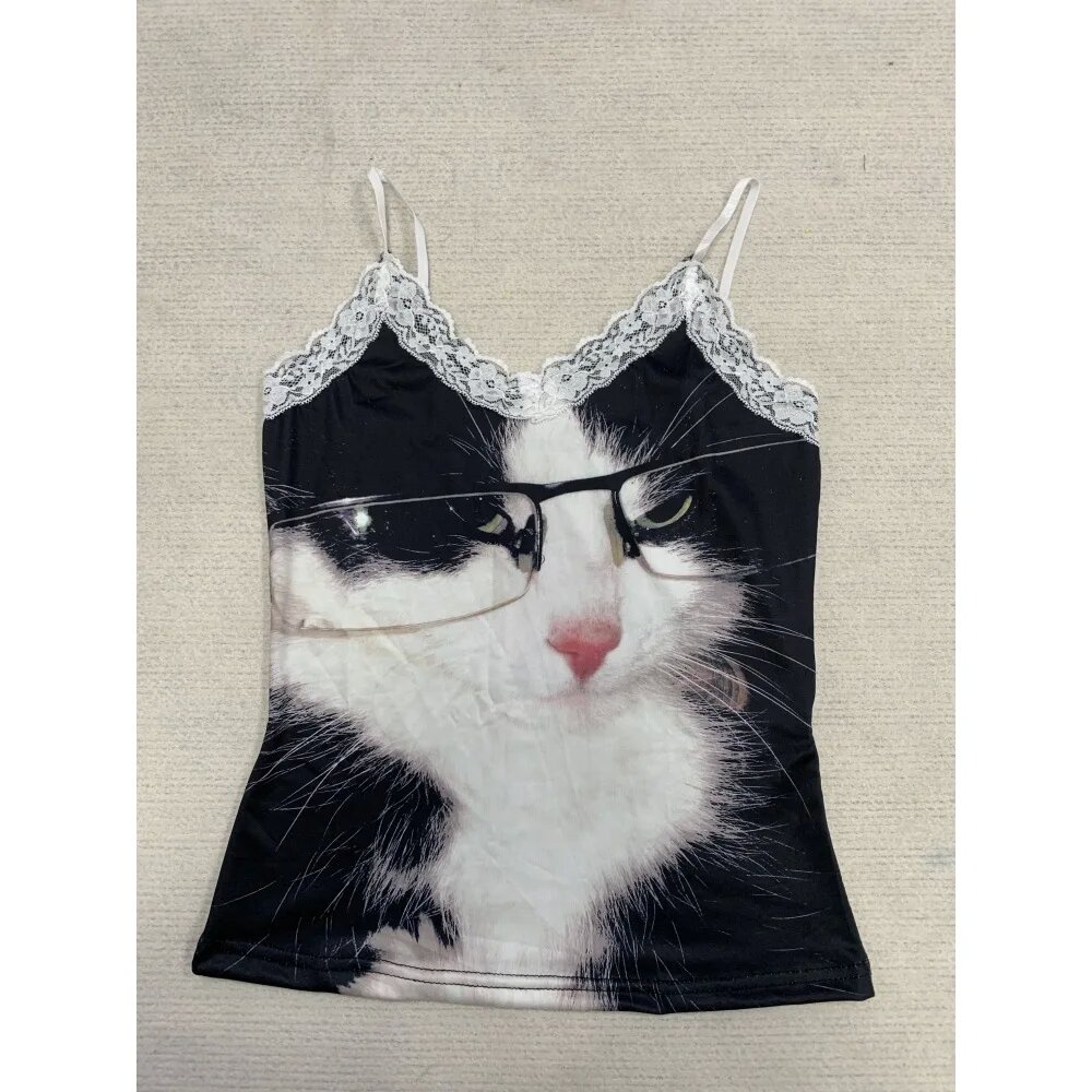 Gilets Camisole à bord en dentelle pour fille épicée, polyvalents à la mode, coupe cintrée, gilets imprimés de chat mignon de rue, pur désir européen et américain