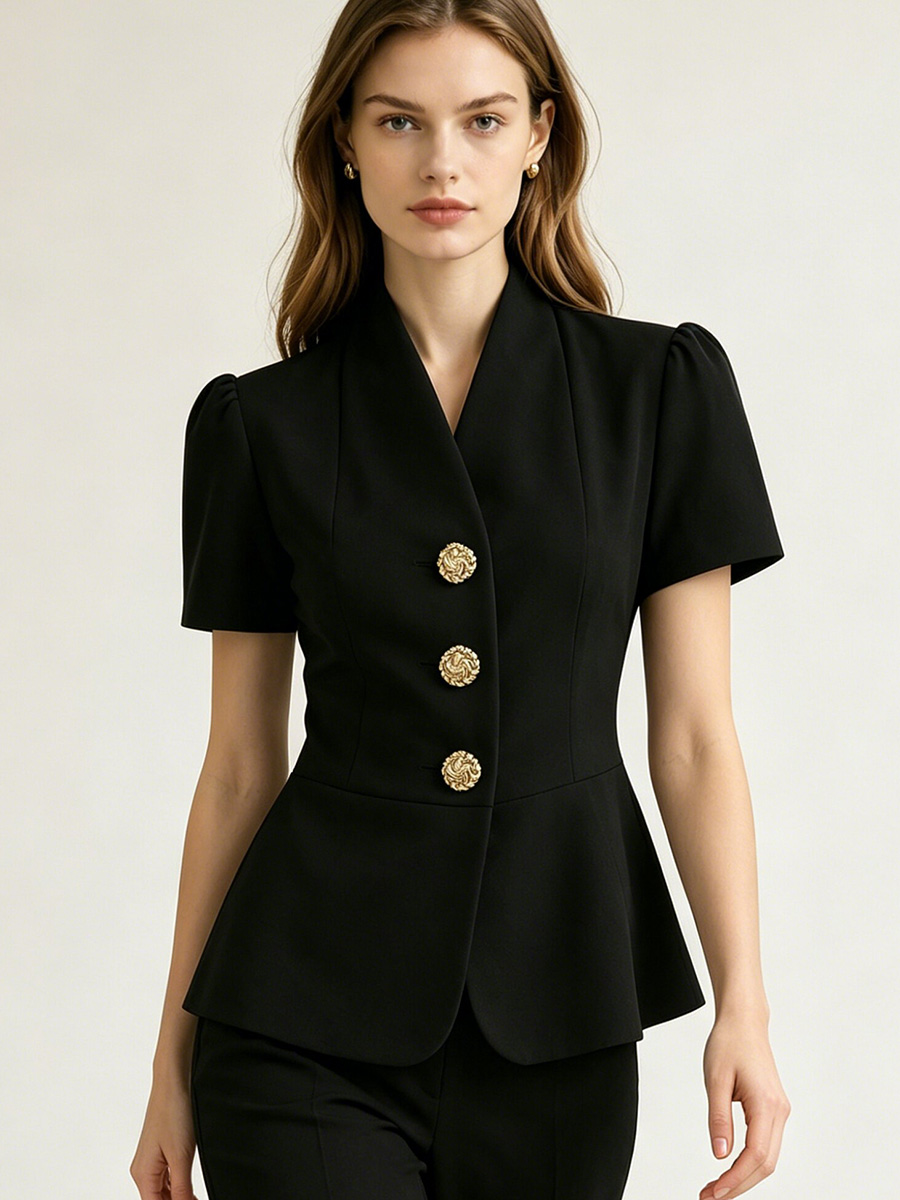 Chemise LIMO avec boutons dorés, manches bouffantes et coupe ajustée pour un style chic au bureau.