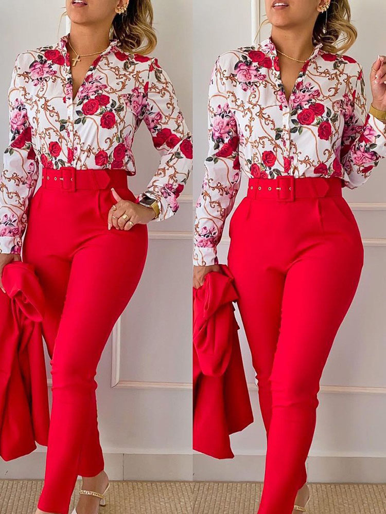 Costume chemise imprimé à manches longues pour femmes, Slim, taille haute, à lacets, élégant, pantalon crayon de bureau, ensemble deux pièces, printemps été