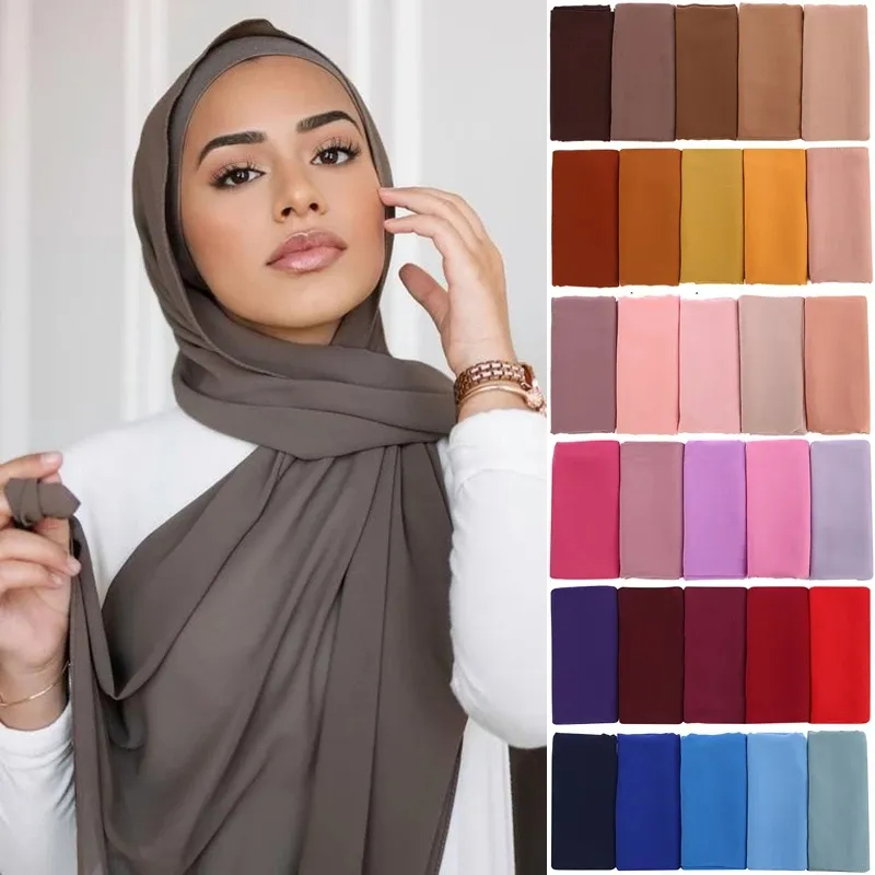 Foulard Hijab Musulman en Mousseline de Soie pour Femme, Long, Solide, Document, Tête Ronde, Voile, Jersey
