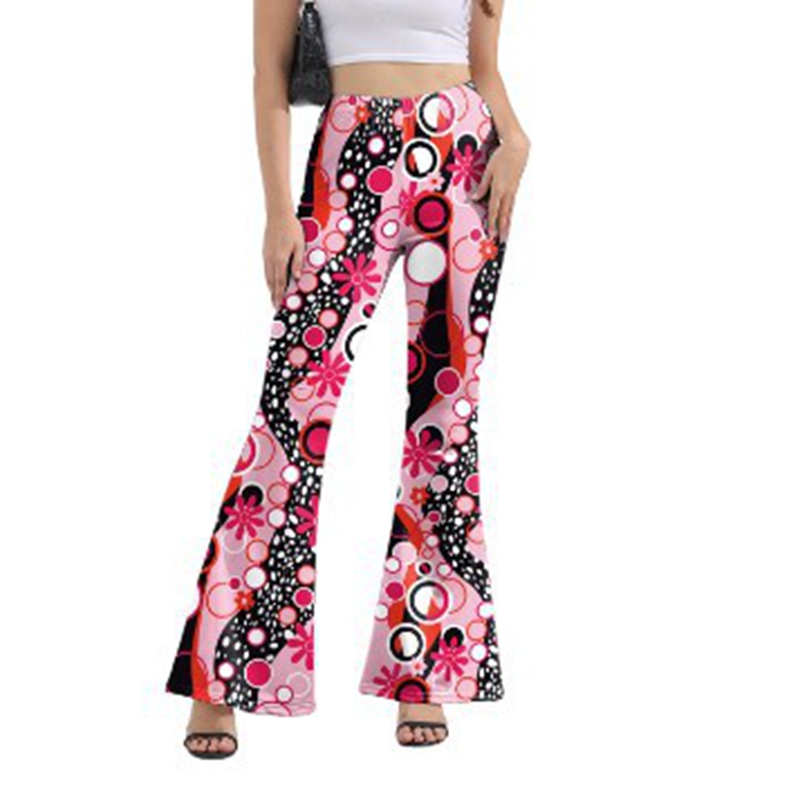 Tendance mode printemps-été : pantalon évasé moulant, imprimé roses, avec taille intégrée.