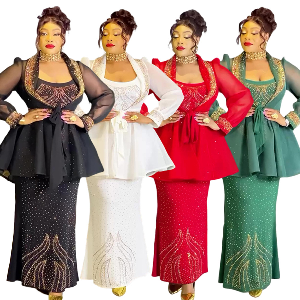 Vêtements africains pour femmes, ensemble 2 pièces Dashiki diamant, robe de soirée, grande taille, robes longues de fête de mariage turque avec manteau, nouvelle collection 2026