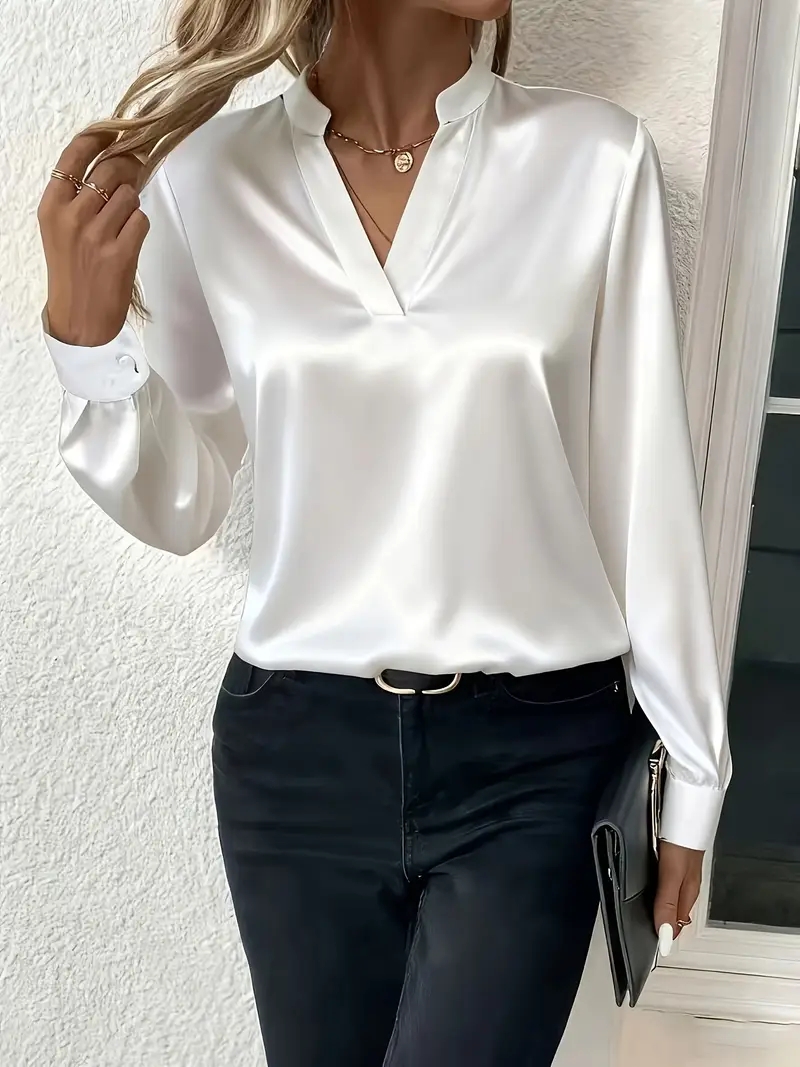 Haut élégant en soie à manches longues et col en V pour femme, parfait pour le bureau et la soirée