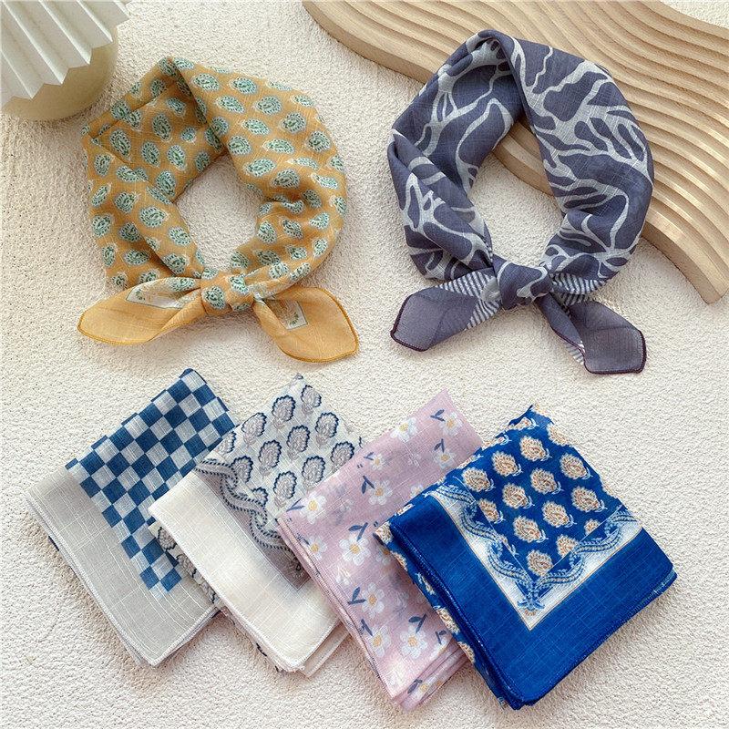 Foulard Carré en Coton et Lin pour Femme, Bandana Imprimé Floral à Carreaux, Bandeau de Cheveux, Turban Cirondsauna