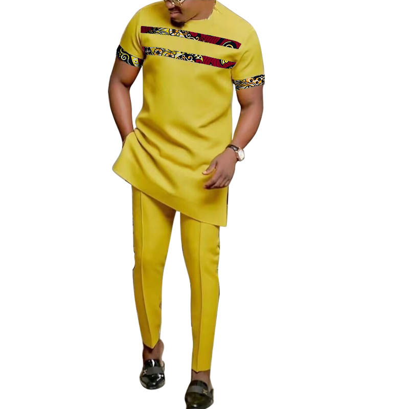 Mode africaine jaune hommes ensemble tenues à manches courtes hauts Patch pantalon nigérian imprimé mâle pantalon costumes tenue de fête personnalisé