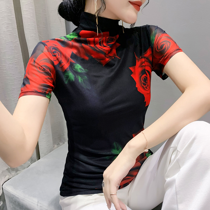 Taille S-3XL impression fixe maille t-shirts femmes col roulé mince à manches courtes t-shirts dame élégant extensible gaine florale haut T-Shirt